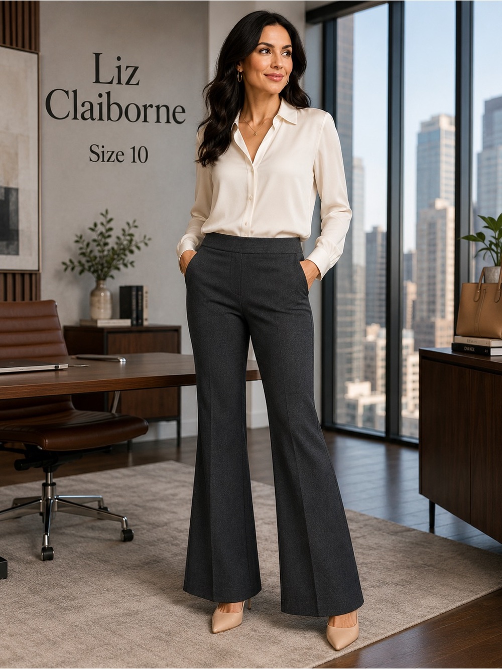 Liz Claiborne Lisa 10 Charcoal Gray  Pull On Flare Dress Pants Stretch Career
